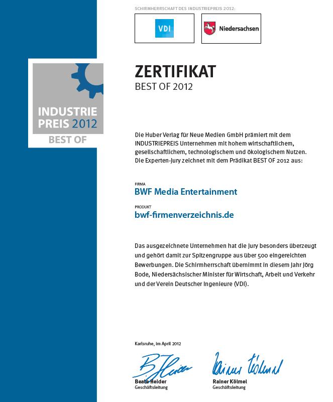 Zertifikat-IndustriePreisBWF Auszeichnungen